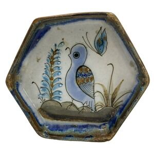 Vtg Mexican Tonala Pottery Bowl Signed Hexagon Dove 6 Blue Brown Gray Signed MRR